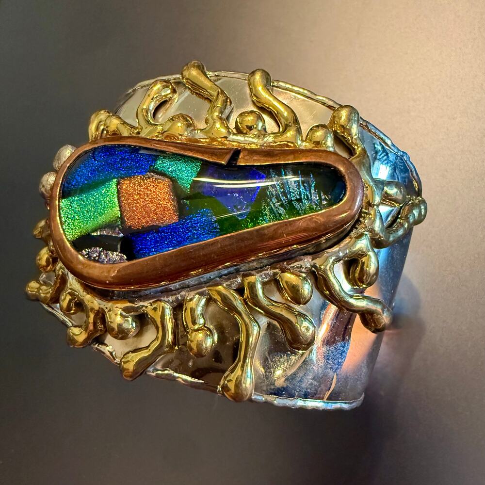 Copper Brass Brutalist Dichroic Artisan Glass Cuff Bracelet